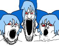 3soyjaks anime blue_hair bowtie cirno female glasses hair open_mouth red_eyes soyjak stretched_mouth stubble touhou trend:soyjak_trio variant:gapejak variant:markiplier_soyjak variant:tony_soprano_soyjak video_game // 828x651 // 174.7KB