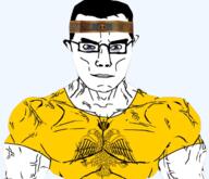 arm blue_eyes buff christian_cross christian_identity christianity closed_mouth clothes eagle flag:greek_orthodox_church glasses hair headband orthodox orthodox_church orthodox_cross orthodoxy psalm_belt soyjak subvariant:chudjak_front subvariant:muscular_chud tshirt variant:chudjak vein yellow_shirt // 538x463 // 251.3KB