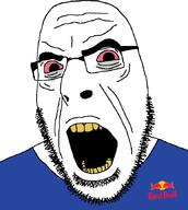 angry bloodshot_eyes clothes energy_drink glasses logo open_mouth red_bull soyjak stubble variant:cobson wrinkles yellow_teeth // 775x863 // 73.8KB