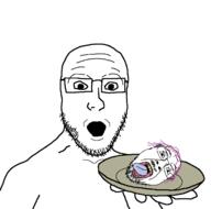 glasses holding_object holding_plate open_mouth plate purple_hair severed_head soyjak stubble tongue tranny variant:bernd variant:platejak // 1366x1350 // 106.7KB