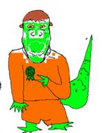:3 brov cute dinosaur green_skin looking_at_you low_quality nas orange_pants orange_shirt reptile stubble subhuman tail trans variant:markiplier_soyjak // 213x276 // 35.5KB