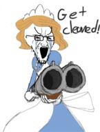 beard bloodshot_eyes crying emmy_the_robot glasses maid nandroid open_mouth rifle robot text variant:soyak yellow_hair // 1125x1488 // 1.2MB