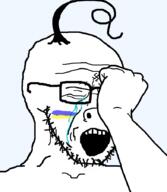 arm bun closed_eyes country crying flag glasses hair hand hohol open_mouth soyjak stubble ukraine variant:soyak // 782x900 // 130.3KB