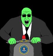 clothes federal_bureau_of_investigation glasses green_skin necktie open_mouth riding scooter siren soyjak suit suit_and_tie sunglasses trend:glowie variant:blartjak // 874x920 // 43.9KB