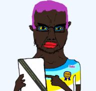 angry award bloodshot_eyes brown_skin closed_mouth clothes ear glasses greentext holding_object lipstick makeup map_(pedophile) mustache pedophile pointing purple_hair soyjak stubble subvariant:chudjak_front subvariant:obsessedchud teto_(user) text troon tshirt variant:chudjak yellow_sclera // 880x832 // 81.7KB