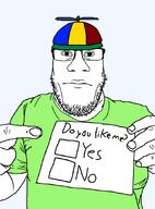 clothes green_shirt hand hat paper pointing pointing_at_object propeller_hat question subvariant:nuplier text variant:markiplier_soyjak white_skin // 676x913 // 22.1KB