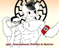 animal anthro arm armband black_hair blush body boykissersilly_cat cat closed_eyes closed_mouth clothes eyebrows femboy fur furry glasses hair hand hat looking_to_the_right meta:not_oc muscular_male nazism nose orange_background pol_(soyjak_party) red_text sonnenrad swastika text variant:chudjak white_skin // 961x778 // 186.0KB