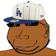 baseball black_skin cap clothes ear eyelids glasses hat los_angeles_dodgers no_eyebrows small_eyes smile soyjak stubble subvariant:massjak subvariant:wholesome_soyjak sunglasses variant:gapejak // 600x600 // 117.2KB