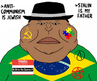 atheism autism brazil brown_skin clothes communism fat fedora flag:brazil hammer_and_sickle hat hello_my_name_is_(sticker) joseph_stalin lips looking_at_you meximutt n._brio_da_zuera n.brio obese pentagram quoting satanism soyjak subvariant:meximutt_front2 text variant:meximutt // 1389x1168 // 904.9KB