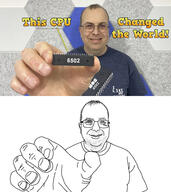2soyjaks balding comparison cpu david_murray double_chin ear eyebrows fat fingers glasses hair hand holding_cpu holding_object irl irl_background knuckles male mos_technology_6502 nerd nose overweight processor retrotoober smile soyjak stubble t-shirt technology text the_8-bit_guy thumb variant:holdingjak variant:unknown white_skin wrinkles youtuber // 1280x1440 // 930.7KB