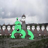 armor clothes green_eyes green_skin helmet irl_background multiple_soyjaks open_mouth shield spear stubble subvariant:pol_face variant:chudjak variant:cobson // 1500x1500 // 1.1MB