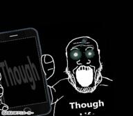 animated arm black_skin clothes glowing glowing_eyes hand holding_object holding_phone inverted iphone open_mouth phone poyopoyo poyunpoyun soyjak stubble subvariant:phoneplier subvariant:phoneplier_vertical text thougher tshirt variant:markiplier_soyjak // 400x349 // 1.0MB