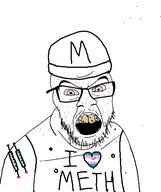 acne beanie bloodshot_eyes broken_teeth clothes drugs glasses hat i_love methamphetamine open_mouth soyjak stubble syringe tank_top transheart variant:feraljak yellow_teeth // 424x507 // 46.1KB