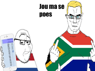 2soyjaks a10_eyes afrikaner bald black_eyes blond comment flag:netherlands flag:south_africa glasses holding_object holding_phone middle_finger mouth_closed smirk smug south_africa stubble subvariant:muscular_chud text variant:chudjak variant:smugjak white_background white_skin // 800x600 // 132.3KB