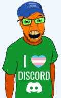 cap clothes discord drool flag:transgender_pride_flag froot froot_(user) glasses green_glasses hat i_love mucus orange_skin please_be_paitent_i_have_autism stubble subvariant:spedjak variant:feraljak variant:tewi // 924x1495 // 327.0KB