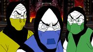 3soyjaks angry arm blue_eyes clothes eyebrows glasses green_eyes hood mask mortal_kombat ninja reptile scorpion soyjak sub-zero the_boondocks variant:unknown video_game white_eyes yellow_eyes // 1917x1079 // 176.2KB