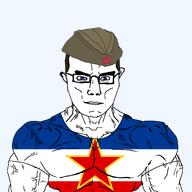 blue_eyes brown_hair buff clothes commie communism flag:yugoslavia glasses josip_broz_tito muscles partisan subvariant:muscular_chud tshirt variant:chudjak yugoslavia // 2048x2048 // 481.3KB