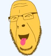 closed_eyes emoticon glasses grin happy no_eyebrows no_teeth open_mouth series:soymoji soyjak stubble tongue variant:cobson yellow yellow_skin // 721x789 // 28.5KB