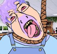 bloodshot_eyes clothes crying furry glasses goodbye_volcano_high hair hanging purple_hair rope snoot_game soyjak suicide tongue variant:bernd yellow_teeth // 1677x1569 // 994.5KB