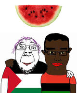 2soyjaks black_skin chud_troon_alliance closed_mouth ear flag flag:palestine flag:pan-african friendship glasses hair lipstick palestine pan_african purple_hair smile stubble tranny variant:bernd variant:chudjak watermelon yellow_sclera // 2708x3253 // 772.5KB