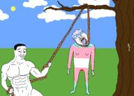 2soyjaks anti_chud arm buff chud_(boorufag) chud_(soybooru) closed_mouth clothes crying drawn_background ear full_body glasses grass hand hanging holding_object holding_rope irl leg lynching mustache neovagina noose open_mouth outdoors purple_hair rope smile smug soyjak tongue tranny tree variant:bernd variant:chudjak yellow_teeth // 2100x1500 // 192.7KB
