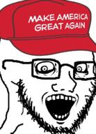 cap clothes crazed glasses hat maga open_mouth soyjak stubble subvariant:soyak_(crazed) variant:soyak // 501x697 // 209.6KB