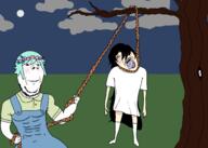 2soyjaks basil_(omori) bloodshot_eyes blush buff clothes cloud crying flower flower_crown full_body green_hair hair hanging hat holding_object holding_rope lynching mari_(omori) omori open_mouth plant rope smile soyjak stubble subvariant:wholesome_soyjak tongue tree variant:bernd variant:gapejak video_game white_skin // 2100x1500 // 238.4KB