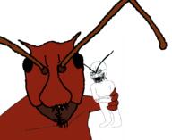 2soyjaks ant antenna arm bloodshot_eyes bug crying full_body glasses holding_object open_mouth red_skin stubble variant:cryboy_soyjak variant:feraljak // 1444x1184 // 166.0KB