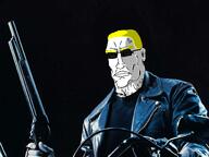 T800 TND-BOT android arnold_schwarzenegger aryan bike black_background glasses manly manlybadasshero movie real_life robot shading shotgun subvariant:perceptive_chud sunglasses terminator terminator_2 // 1600x1200 // 1.3MB