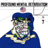 angry bald black_eyes black_hole black_sclera clenched_teeth closed_mouth connecticut cracked_teeth drool ear flag flag:Connecticut flag:united_states glasses hair iq iq_bell_curve latin_text mustache nightmare_fuel no_pupils profound_mental_retardation retard soyjak star_(symbol) state stubble text united_states variant:feraljak wrinkles // 1024x1024 // 195.5KB