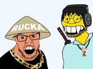 asian clothes conical_hat dj_not_nice glasses gold_chain hair headphones jewelry katana maneki_neko open_mouth rucka_rucka_ali stubble text transparent_background tshirt variant:feraljak variant:soykio_kid white_skin yellow_skin // 2473x1854 // 559.5KB