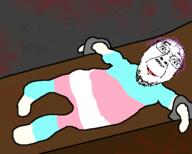 animated blood closed_mouth drawn_background flag full_body glasses gore laser mustache open_mouth purple_hair smile soyjak stubble tongue torture tranny variant:bernd variant:gapejak // 500x400 // 894.0KB