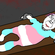 animated blood closed_mouth drawn_background flag full_body glasses gore laser mustache open_mouth purple_hair smile soyjak stubble tongue torture tranny variant:bernd variant:gapejak // 500x400 // 894.0KB