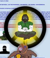 Doomguy Pacificist-A(user) Warrior-Z(user) armor brown_skin closed_eyes front_facing full_body glowing hanging helmet islam meditation muscular_male namefags pacifist rope sitting star_of_david subvariant:muscular_chud variant:chudjak variant:meximutt white_skin // 1152x1332 // 1001.4KB