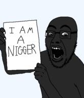 arm black_skin glasses holding_object holding_sign nigger open_mouth soyjak stubble subvariant:cobson_holding_paper teeth text transparent transparent_background variant:cobson // 430x500 // 13.4KB
