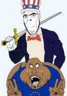 ahegao blue_eyes blush bowtie brown_skin buff clothes european_union fat hair hat holding_object holding_sword nsfw peace_sign sex subvariant:mexiwhore sword uncle_sam united_states variant:cobson variant:meximutt white_hair // 1432x2048 // 362.1KB