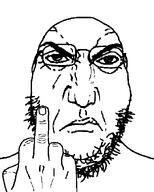 angry bald closed_mouth front_facing frown glasses hand middle_finger nails punisher_face soyjak stubble subvariant:gapejak_front template variant:gapejak white_background // 500x622 // 6.7KB