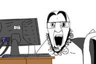 bald computer glasses hair keyboard mouse open_mouth sitting soyjak stubble table teeth variant:godjak // 1080x720 // 80.5KB