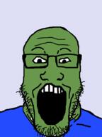 clothes frog glasses green green_skin open_mouth pepe soyjak stubble tshirt variant:markiplier_soyjak // 600x800 // 16.0KB