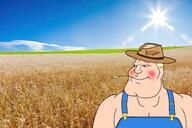 aryan blond blue_eyes clothes farm farmer hat muscular_male overalls sky straw_hat subvariant:mexiaryan sun variant:meximutt wheat // 1488x992 // 981.1KB