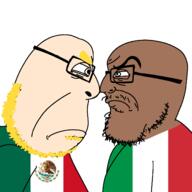 2soyjaks angry brown_skin closed_mouth clothes country countrywar flag flag:italy flag:mexico glasses godtoko italy italy_vs_mexico looking_at_each_other mexico nose_touching rivals series:mexico_is_white shitalian_"chad" side_profile soyjak subvariant:feralside subvariant:sidecob variant:cobson variant:feraljak white_skin yellow_eyebrows yellow_hair yellow_stubble // 1500x1500 // 174.9KB