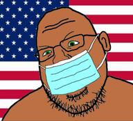 brown_skin coronavirus_pandemic country ear flag flag:united_states glasses mask mouth_mask mutt soyjak stubble surgical_mask united_states variant:shotjak // 572x517 // 215.2KB