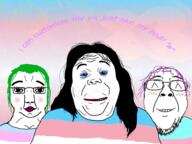 3soyjaks ^_^ background closed_mouth flag:transgender_pride_flag frutiger_aero glasses green_hair hair happy os owo purple_hair smile soyjaks stubble subvariant:chudjak_front teeth tranny variant:alicia variant:bernd variant:chudjak wallpaper // 1920x1440 // 1.3MB