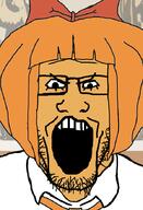 angry bowtie cartoon clothes glasses hair mymy ongezellig open_mouth orange_hair orange_skin skin soyjak stubble variant:markiplier_soyjak // 600x878 // 211.6KB