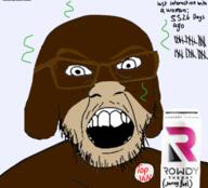 angry animal badge bobo_the_sharty_janny can drink glasses janny monkey mustache rowdy_energy soyjak stinky stubble text variant:feraljak // 762x692 // 358.1KB