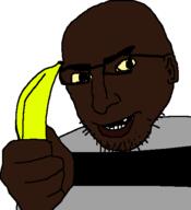 arm banana black_skin devious evil glasses hand holding_object open_mouth smug soyjak striped_clothing stubble thumbs_up variant:thumbjak // 454x497 // 14.7KB