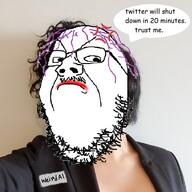 anger_mark angry closed_mouth esqueer_ frown glasses hair irl_background mustache purple_hair soyjak speech_bubble stubble text tranny twitter variant:gapejak // 600x600 // 122.8KB