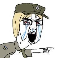 arm badge bloodshot_eyes christianity clothes cross crying glasses hair hand hat marichka nazism necklace open_mouth pointing russo_ukrainian_war soyjak swastika ukraine variant:chudjak yellow_hair // 804x785 // 132.2KB