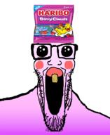 clothes flavorjak glasses gradient haribo hat oh_my_god_she_is_so_attractive one_tooth open_mouth pink_skin purple_skin sour soyjak stretched_mouth stubble subvariant:longplier variant:markiplier_soyjak yellow_teeth // 900x1100 // 375.9KB