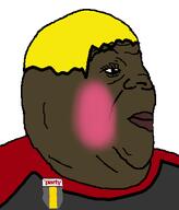 badge blush blushing brown_skin closed_mouth clothes looking_to_the_right meta:leaky nate side_profile subvariant:alicia_side subvariant:hunky_twink_sex_machine variant:alicia yellow_hair // 345x404 // 31.7KB